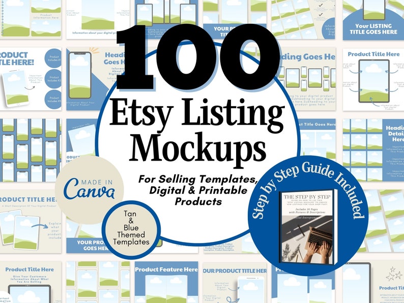 Pu&ograve; includere: Un collage di 100 mockup di listino Etsy realizzati in Canva, con modelli a tema beige e blu. I mockup mostrano vari design di prodotti, inclusi prodotti digitali e stampabili. Il testo "Guida passo passo inclusa" &egrave; visualizzato in un cerchio blu con un contorno bianco.