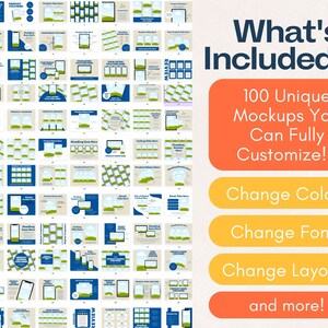 Pu&ograve; includere: Una collezione di 100 mockup unici per presentazioni di prodotti. I mockup presentano diversi layout, colori e font, consentendo la personalizzazione. Il testo "What's Included?!" &egrave; visualizzato in un font grande, insieme alla frase "100 mockup unici che puoi personalizzare completamente!" Il testo "Cambia colori", "Cambia font", "Cambia layout" e "e altro ancora!" &egrave; visualizzato in pulsanti.
