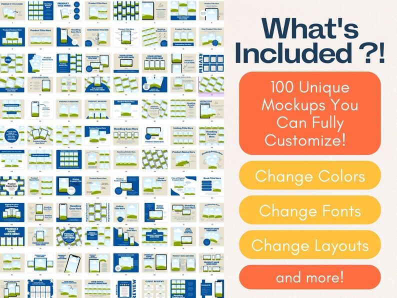Pu&ograve; includere: Una collezione di 100 mockup unici per presentazioni di prodotti. I mockup presentano diversi layout, colori e font, consentendo la personalizzazione. Il testo "What's Included?!" &egrave; visualizzato in un font grande, insieme alla frase "100 mockup unici che puoi personalizzare completamente!" Il testo "Cambia colori", "Cambia font", "Cambia layout" e "e altro ancora!" &egrave; visualizzato in pulsanti.
