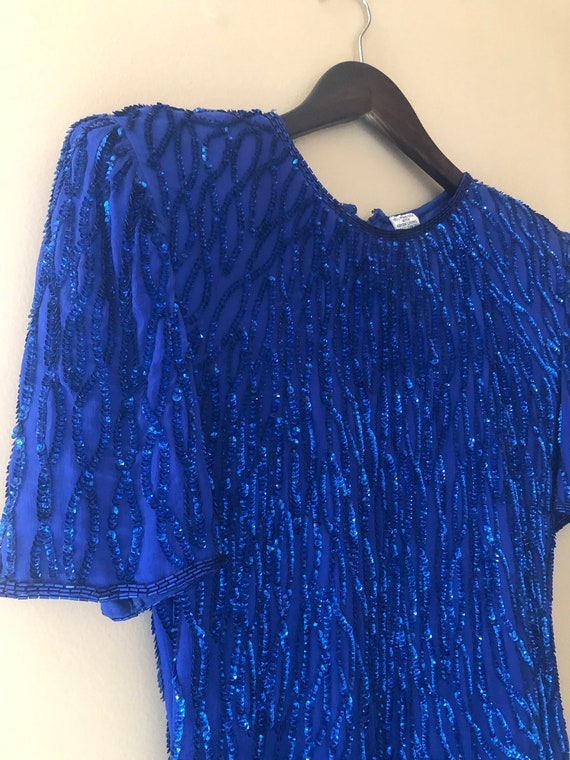 Vintage Blue Sequin and Beaded Medium Dress - image 4