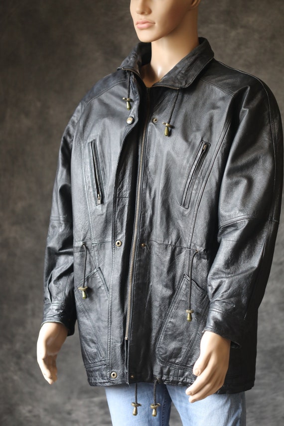 Vintage 90's Black Leather Jacket Coat Large - image 1