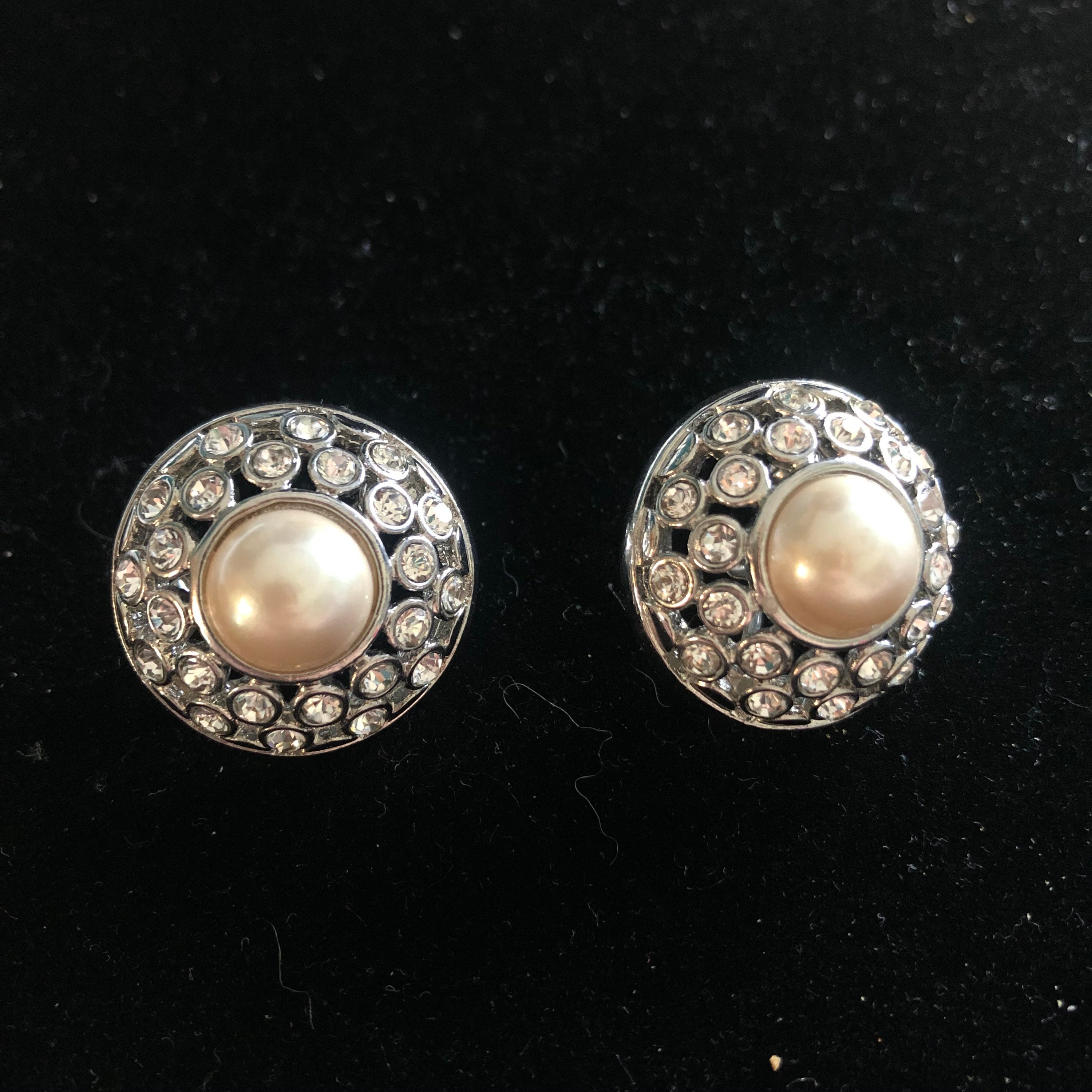 Faux pearl and rhinestone clip on earrings Etsy