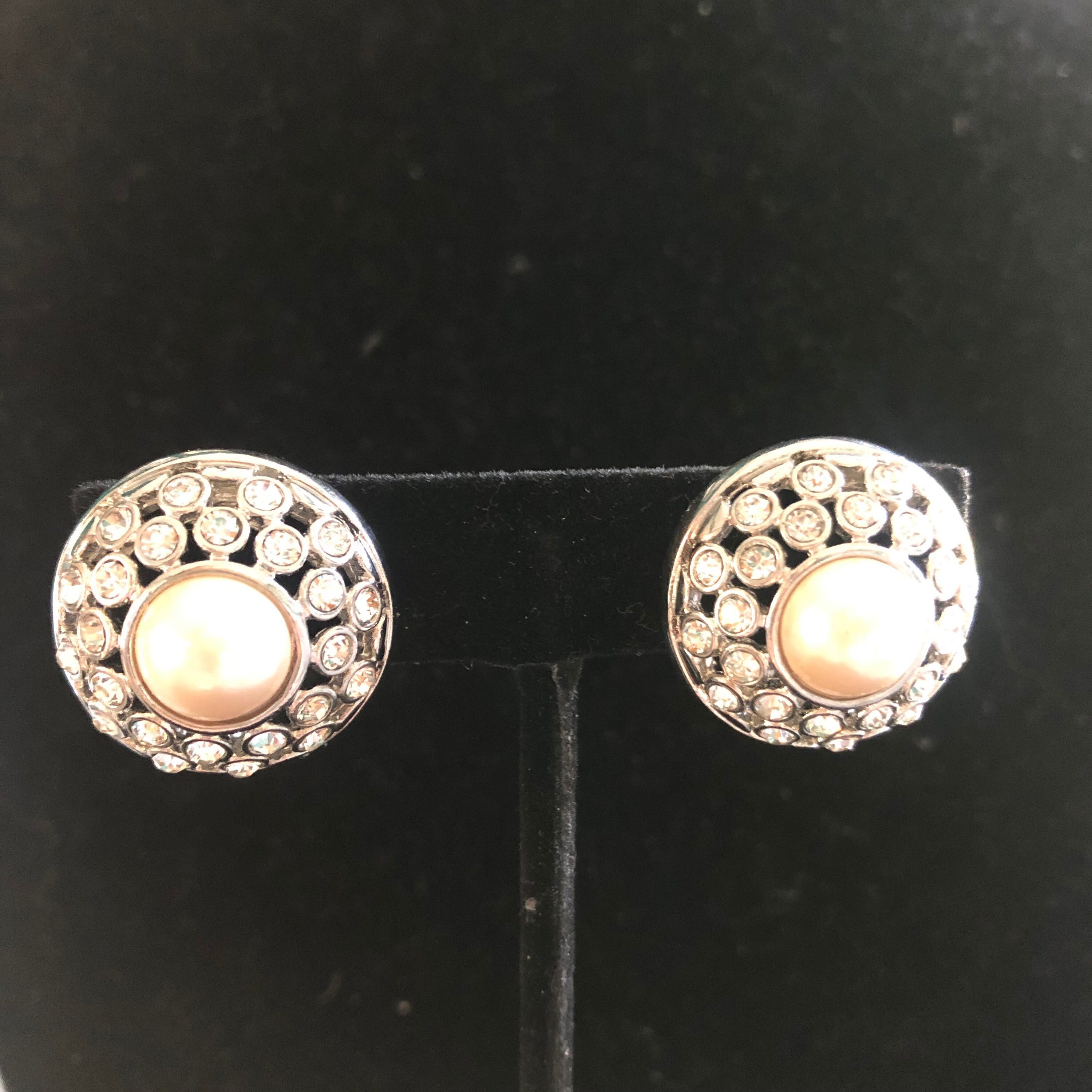 Faux pearl and rhinestone clip on earrings Etsy
