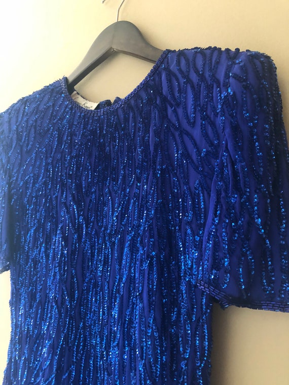 Vintage Blue Sequin and Beaded Medium Dress - image 1