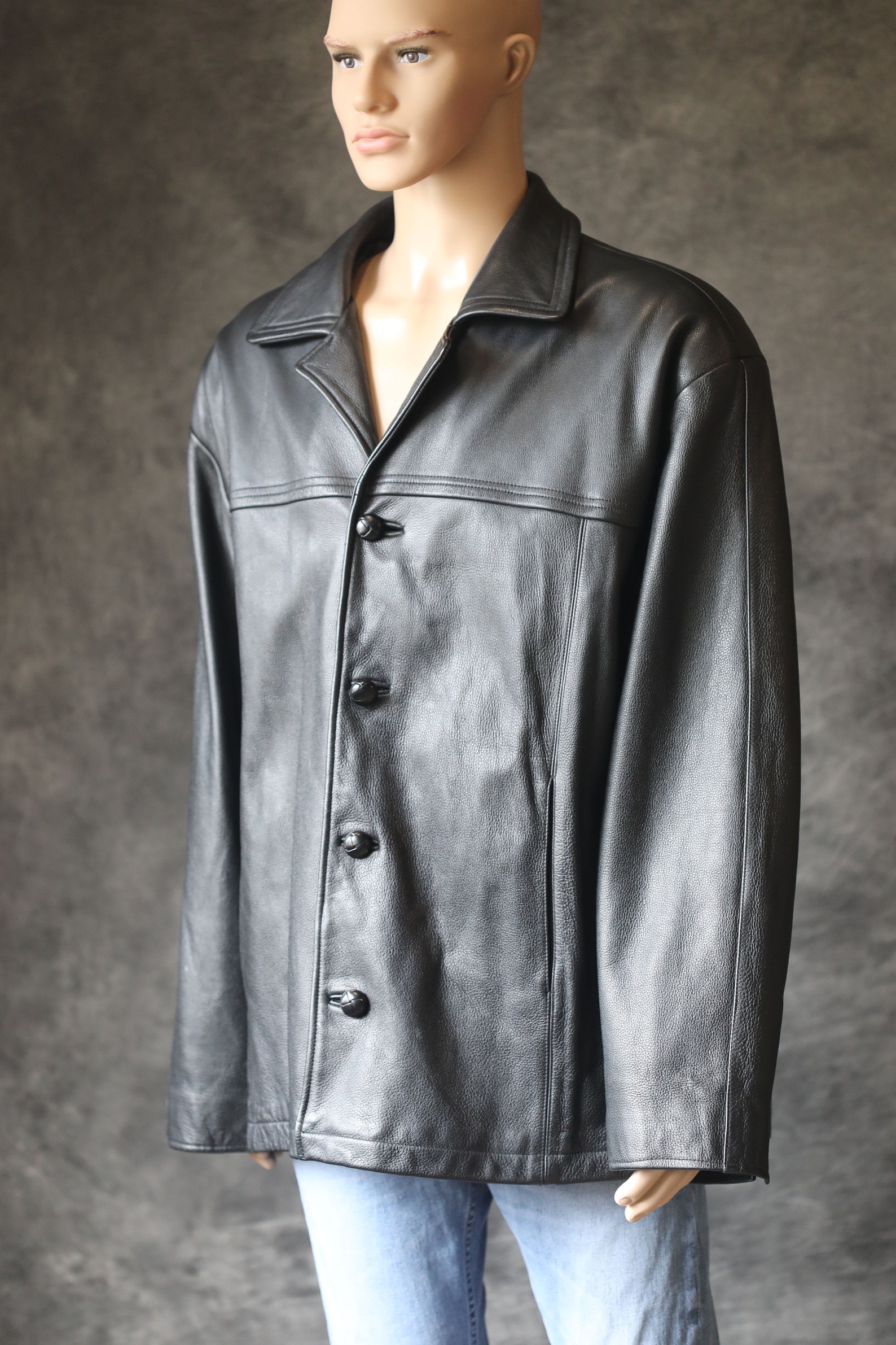 Vintage 90's Black Leather Jacket Coat XL Etsy