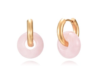 Boucles d'oreilles ROSE QUARTZ, boucles d'oreilles porte-bonheur, cerceaux huggie