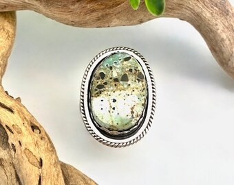 Green Appaloosa Turquoise Oval Shadowbox Double Trimmed Ring Size 10