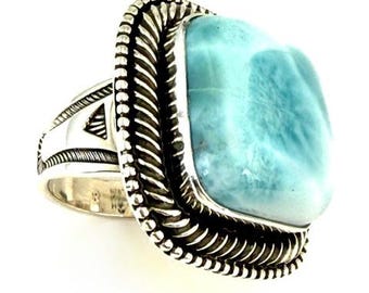 Bague carrée en larimar à double bordure, taille 8