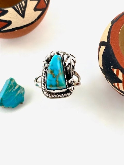 Turquoise Mountain Turquoise Floral Ring Size 4 1/2