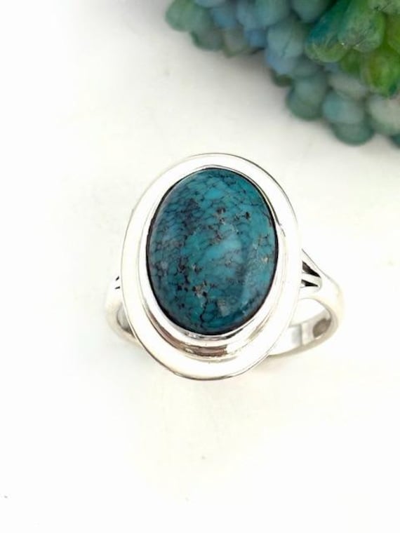 Hubei Spiderweb Turquoise Simple Ledge Design Ring Size 12 1/2