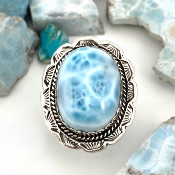 Turtleback Larimar Stamped Edge Statement Ring Size 6 1/2