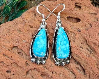 Boucles d'oreilles pendantes Kingman Water Web Turquoise Shadowbox et découpe scie
