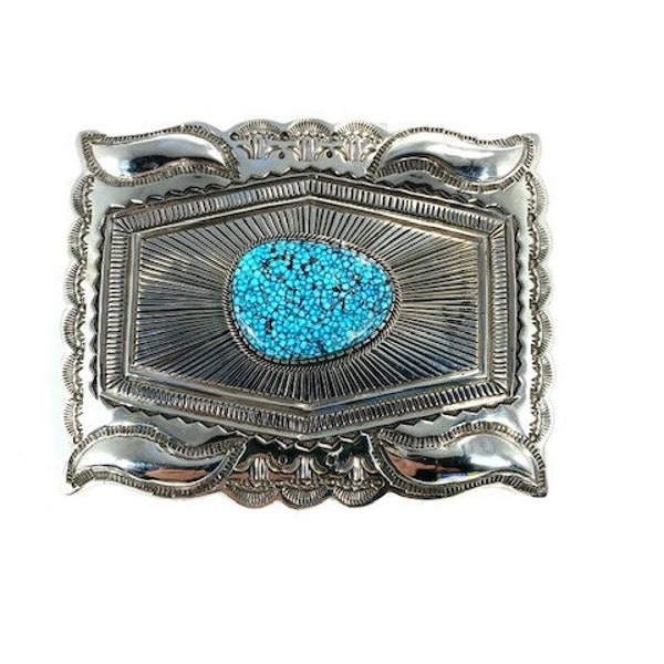 Black Spiderweb Kingman Turquoise Belt Buckle