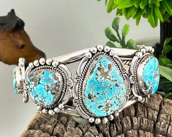 Blue Appaloosa Turquoise Five Stone Stamped Edge Statement Cuff Bracelet