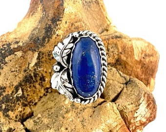 Oval Lapis Lazuli With Iron Pyrite Floral Ring Size 4 1/2