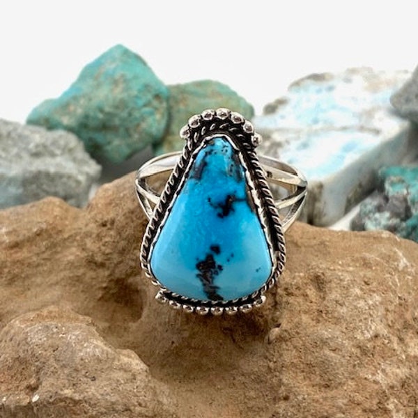 Pear Shaped Candelaria Turquoise Simple Rope And Bead Trim Ring Size 9