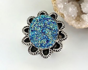 Blue Druzy Daisy Design Ring Size 8 1/2