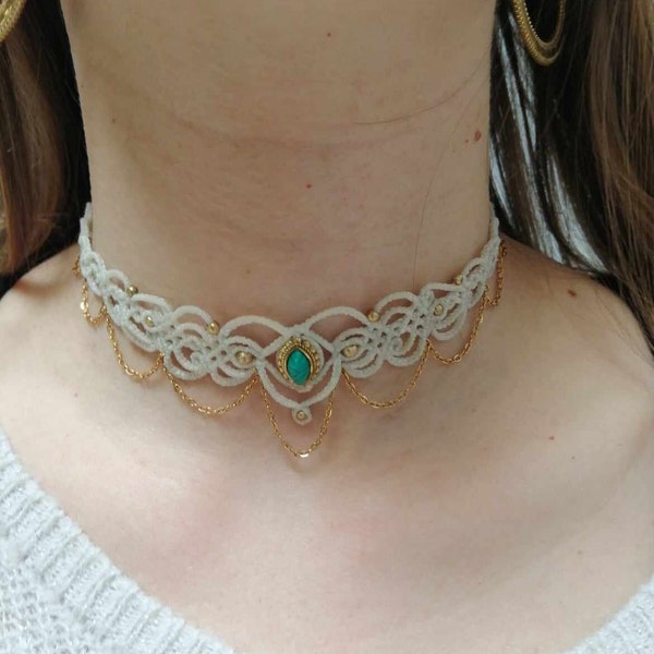 Collier ras de cou en macramé , choker macramé et turquoise, collier bohème romantique