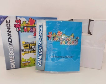 May include: A blue Game Boy Advance game cartridge case with a white background. The case features the text "Game Boy Advance" and "Super Mario Advance" with a cartoon image of Mario. The case also includes an instruction booklet.