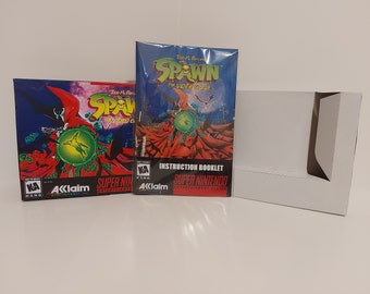 May include: A video game instruction booklet for the Super Nintendo Entertainment System. The cover features a red and black illustration of the character Spawn from the comic book series. The text on the cover reads "Too M. McFarlane's Spawn The Video Game".