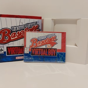 May include: A red, white, and blue Virtual Boy game cartridge for Virtual League Baseball. The cartridge is in its original packaging, which features a white and blue background with a red baseball logo.