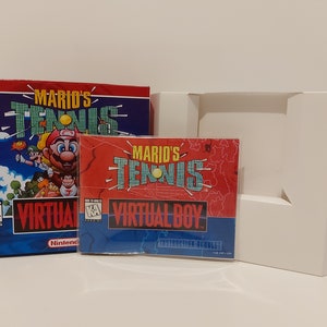May include: A red and blue box with the text "Mario's Tennis Virtual Boy" and a picture of Mario and Luigi playing tennis. The box is next to a smaller red and blue instruction booklet with the same text.