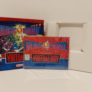 May include: A red and blue box with the text "Galactic Pinball" and "Virtual Boy" on it. The box is for a video game cartridge. The cartridge is also visible in the image, and it has the same text as the box.