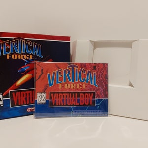 May include: A red and blue box for the Virtual Boy video game Vertical Force. The box has a picture of a spaceship on it. The game cartridge is also shown.