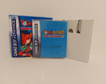 May include: A blue Game Boy Advance game cartridge case with a white instruction booklet. The case features a cartoon image of Yoshi and Mario on a green background. The text on the case reads "Yoshi's Island Super Game Boy Advance 3".
