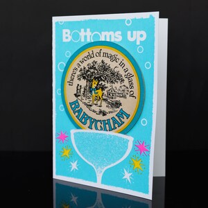 Biglietto stampato originale a mano con biglietto d'auguri antico sottobicchiere (Babycham)