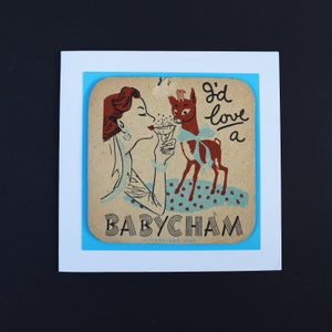 Cartão de felicitações de porta-copos antigo (Babycham)