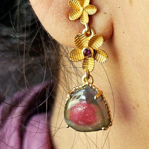 Watermelon tourmaline gemstone earrings rare in sterling silver with gold plated.
