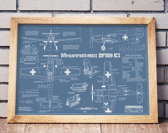 Airplane Blueprint -  BF109-E3 Blueprint - Airplane Drawing - Boys Room Airplane Decor - Travel Blueprint Art - WW2 Airplane Paten