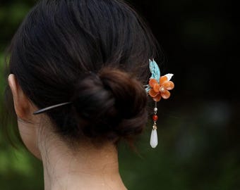 Handmade Chinese Hairpin, Blue Butterfly Agate Hair Stick, Black Sandalwood Hair Clip with Tassel for Hanfu, Natural Stone Gift for Women