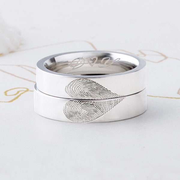 Conjunto de 2 anillos de huellas dactilares personalizados, anillo de plata de ley, anillo de compromiso de huellas dactilares, anillo de plata grabado personalizado, anillo de huellas dactilares