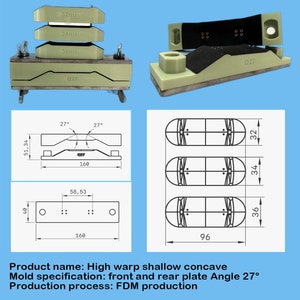 May include: Image of a high warping scab mould with dimensions. The image includes diagrams and text detailing the product's specifications, including measurements of 32mm, 34mm, and 36mm. The text also mentions the product name and production process.