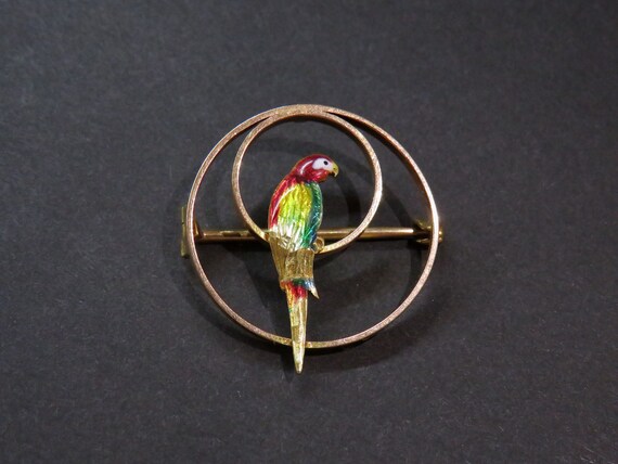 ANTIQUE 9ct Gold & Enamel 'Parrot' Brooch / Pin