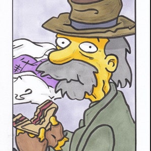 May include: A cartoon illustration of a man with a yellow face, gray hair, and a brown hat. He is wearing a green jacket and holding a sandwich in his hand. The background is a purple and white cloudy sky.