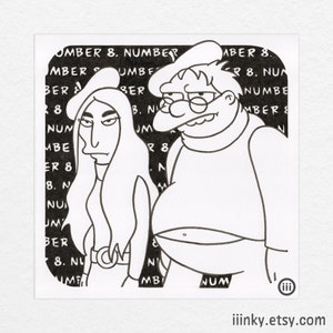May include: Black and white line drawing of two cartoon characters. The characters are a woman with long hair and a man with a large nose and glasses. The background is filled with the repeated text "Number 8".