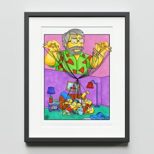 May include: A yellow cartoon character with a mustache and a green shirt is controlling four other yellow cartoon characters with strings. The characters are in a living room setting with furniture and a lamp.