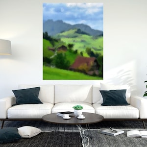 Green Valley Mountains Sky, wall décor painting art of bedroom living dinning room lobby side table family house