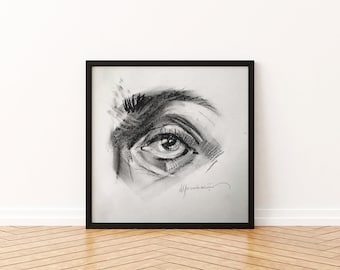 Eye drawing with charcoal on paper  - art - wallart