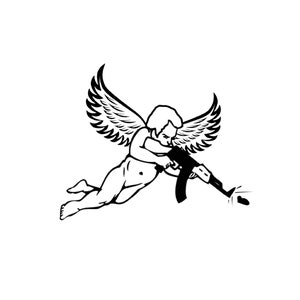 Peut inclure: Une illustration en noir et blanc d'un chérubin ailé tenant un fusil et visant une cible.