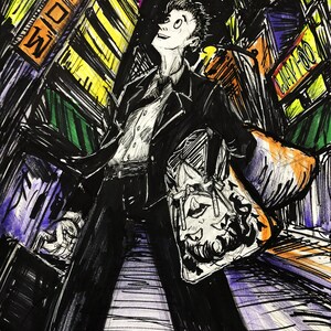 以下が含まれることがあります： 夜に街の通りに立っている人の白黒のイラスト。その人は黒いジャケットと白いシャツを着ています。その人は空を見上げています。通りの両側には、「ショー」、「はい」、「ウェイフー」と書かれた看板のある建物があります。