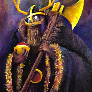 May include: A painting of a bearded figure with antlers, wearing a purple robe and holding a large axe. The figure is holding a bowl of red berries and a black bird is perched on their shoulder.