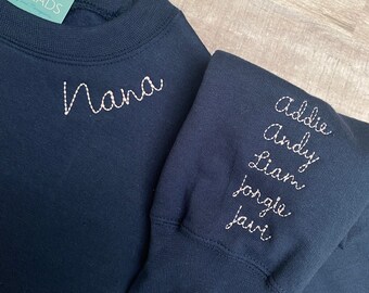 Embroidered Name Sweatshirt Personalized for Grandma, Nana, Aunt, Embroidered Neckline Sweatshirt with Embroidered Cuff, Holiday Gift