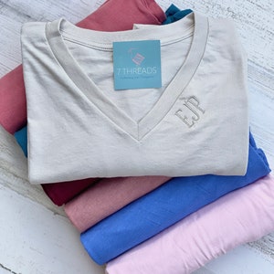 Dainty Monogram V-Neck Shirt, Preppy Mini Monogram Personalized V Neck Tee Shirt, Embroidered TShirt, Bridesmaid Gift, Bridal Shower Gift