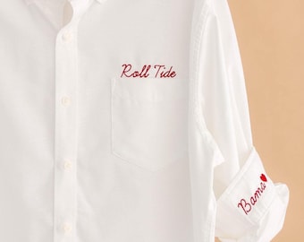 Camisa bordada con botones para novia, camisa minimalista bordada para boda, Oxford con monograma, Chambray con monograma costero.