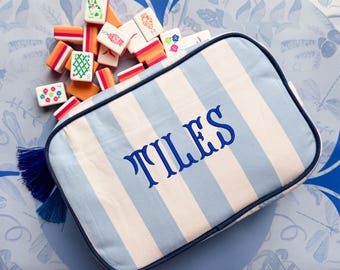 Mahjong Tile Pouch, Preppy Monogram Stripe Travel Case With Tassels, Preppy Travel Bag, Embroidered Pencil Case, Makeup Pouch