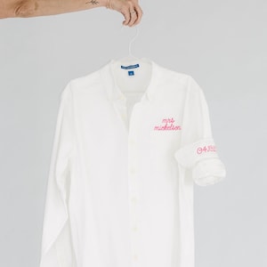 Embroidered Button Down For Bridal Party, Minimalist Embroidered Wedding Day Button Up Shirt, Monogram Oxford, Coastal Monogram Chambray